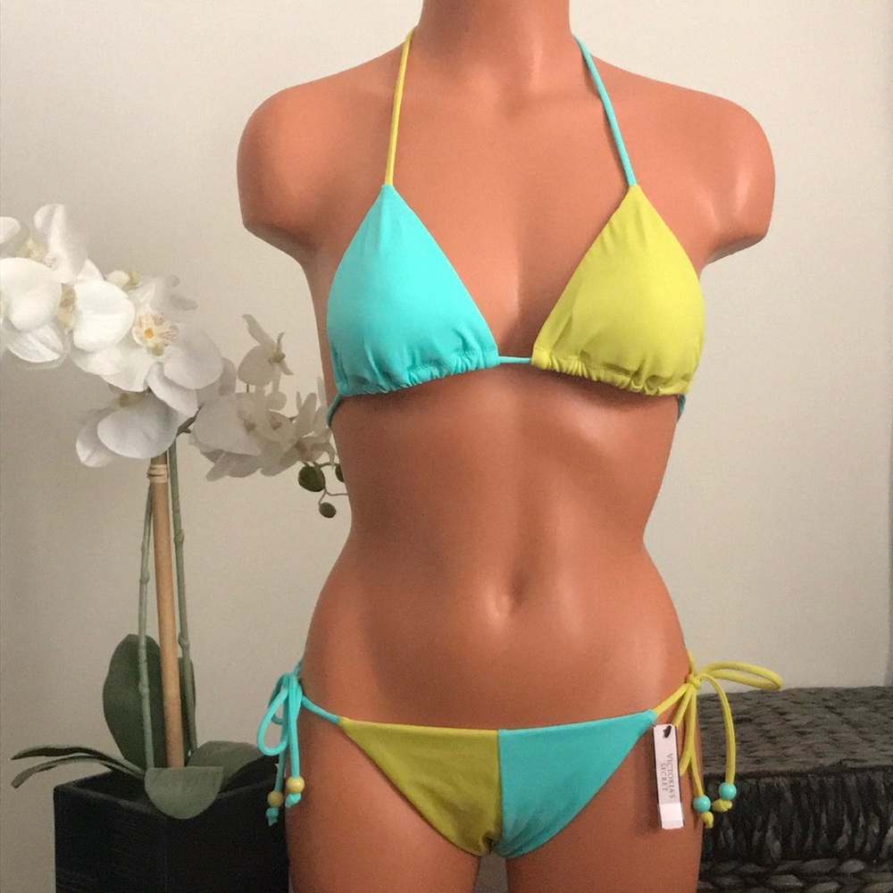 Victoria's Secret Aqua and Lime Colorblock Bikini Sz Small